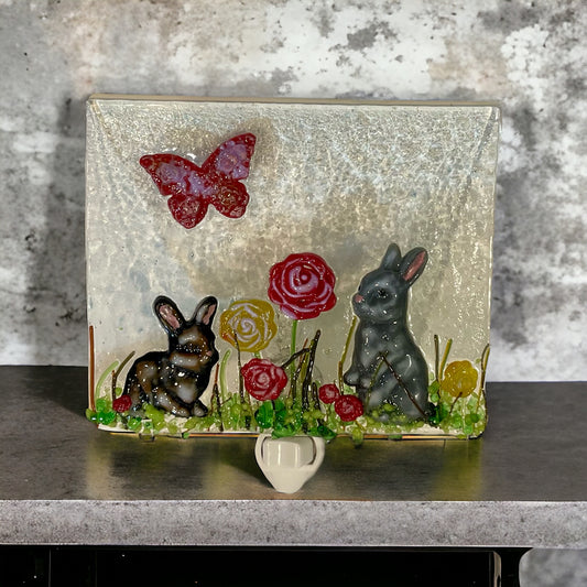 Bunnies, Rabbits with Flowers Fused Glass Night Light - Handmade