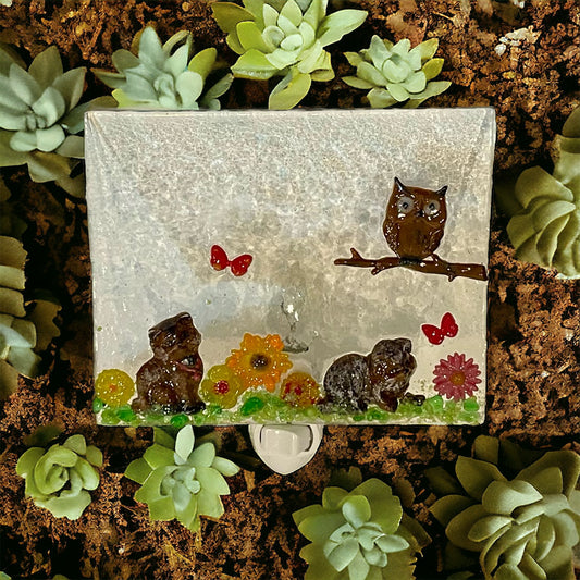 Cats, Kittens with Butterflies and Owl in Tree Fused Glass Night Light - Handmade