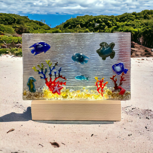 Under the Sea Fused Glass Light Up Wood Base, Handmade, Unique Gift, Indoor Light Up Display, Fused Glass Fish Wood Base