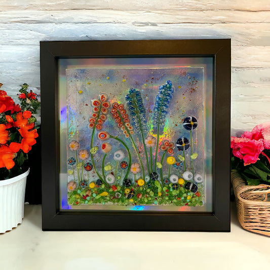 Floral Glass Picture with Iridescent Background - Handmade, Vitrigraph Flower Glass Cane, Murrini Glass Flower and Glass Stringer Floating Picture