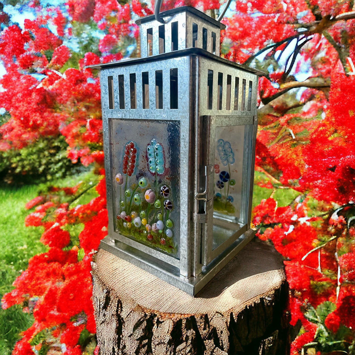 Floral Garden Lantern, Fused Glass, Handmade, Unique Gift, Outdoor Garden Lantern, Fused Glass Flower Lantern