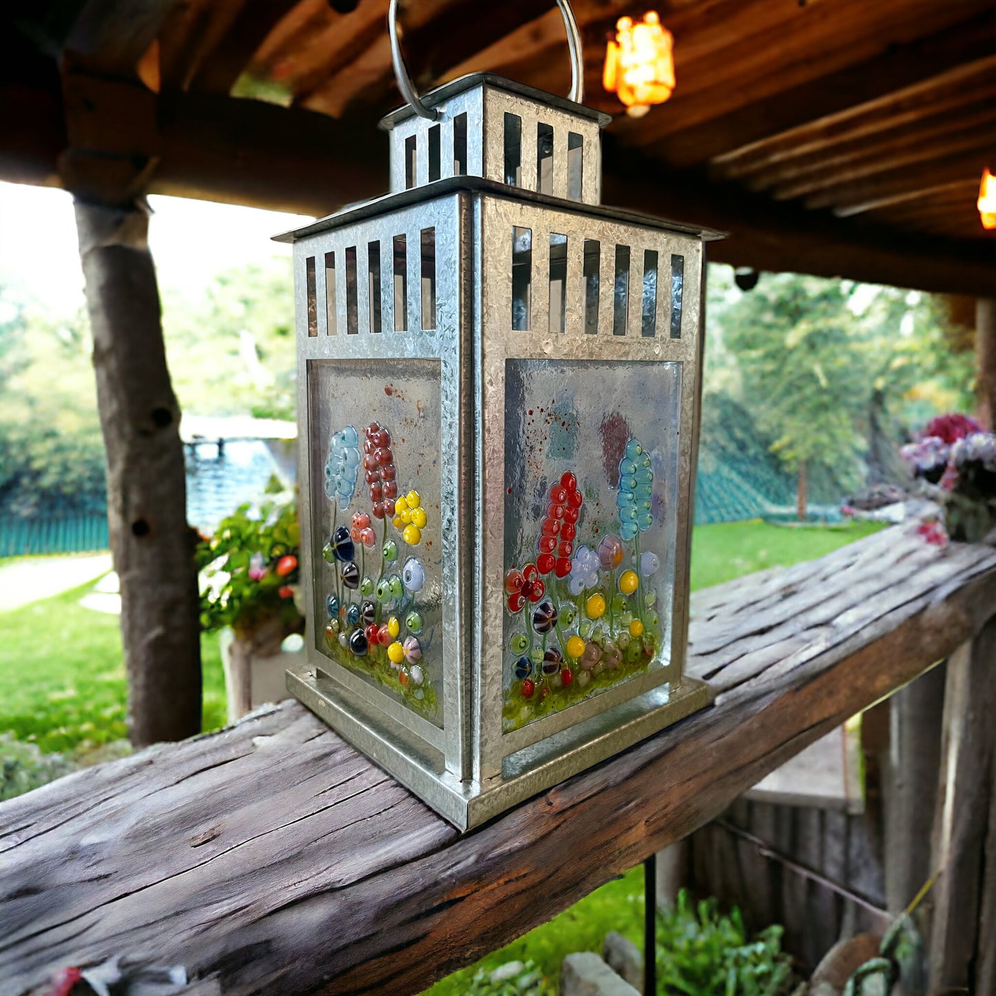 Floral Garden Lantern, Fused Glass, Handmade, Unique Gift, Outdoor Garden Lantern, Fused Glass Flower Lantern