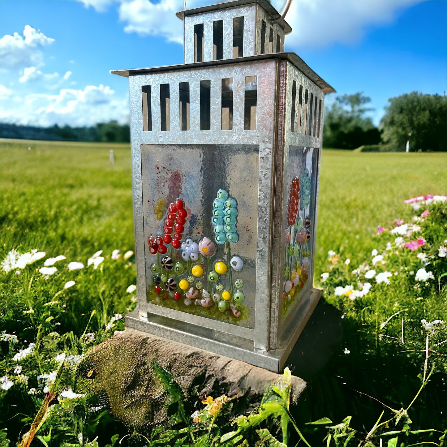 Floral Garden Lantern, Fused Glass, Handmade, Unique Gift, Outdoor Garden Lantern, Fused Glass Flower Lantern