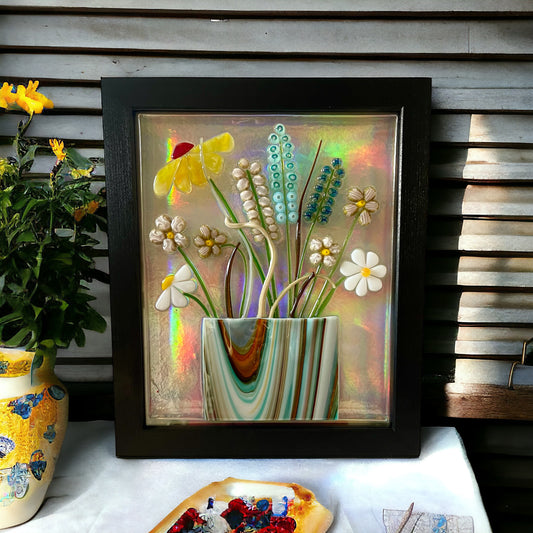 Floral Glass Picture with Iridescent Background - Handmade, Vitrigraph Flower Glass Cane, Murrini Glass Flower and Glass Stringer Floating Picture (Copy)