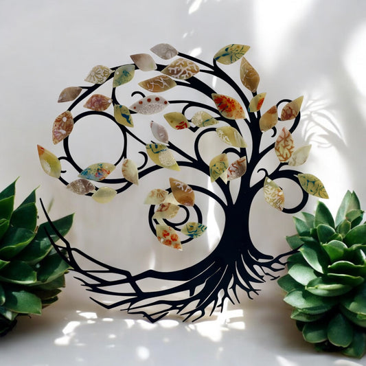 Multi-Colored and Multi-Pattern Leaves on Metal Tree for Wall Decor - Handmade Fused Glass Leaves, Indoor Decor