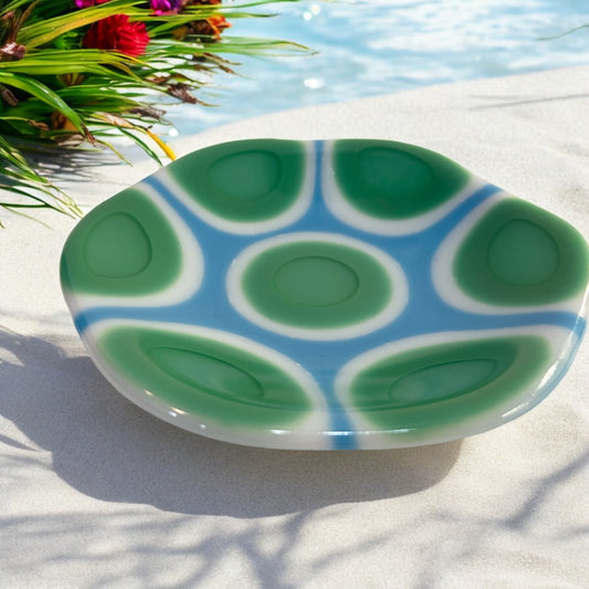 Light Green, Blue, White, Floral Shaped Fused Glass Bowl - Handmade, Summer Bowl, Fruit Bowl