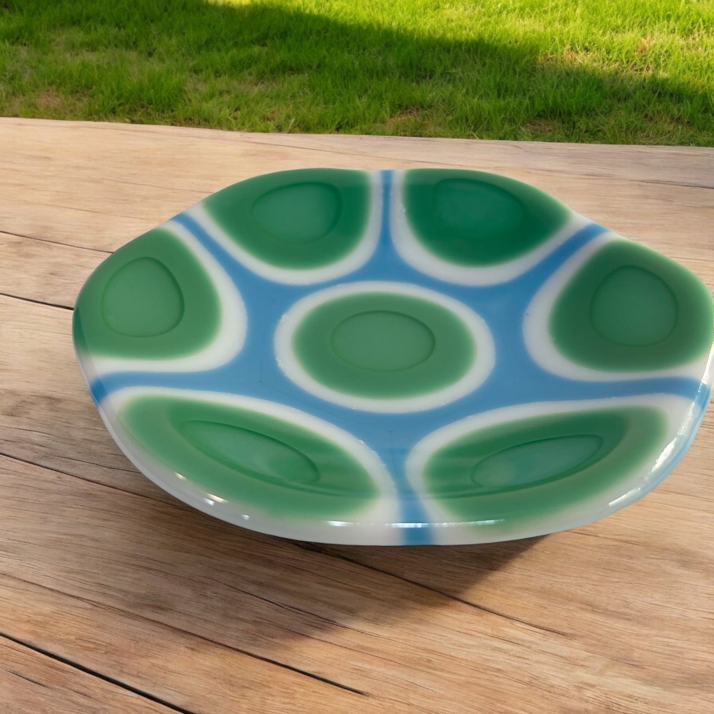 Light Green, Blue, White, Floral Shaped Fused Glass Bowl - Handmade, Summer Bowl, Fruit Bowl