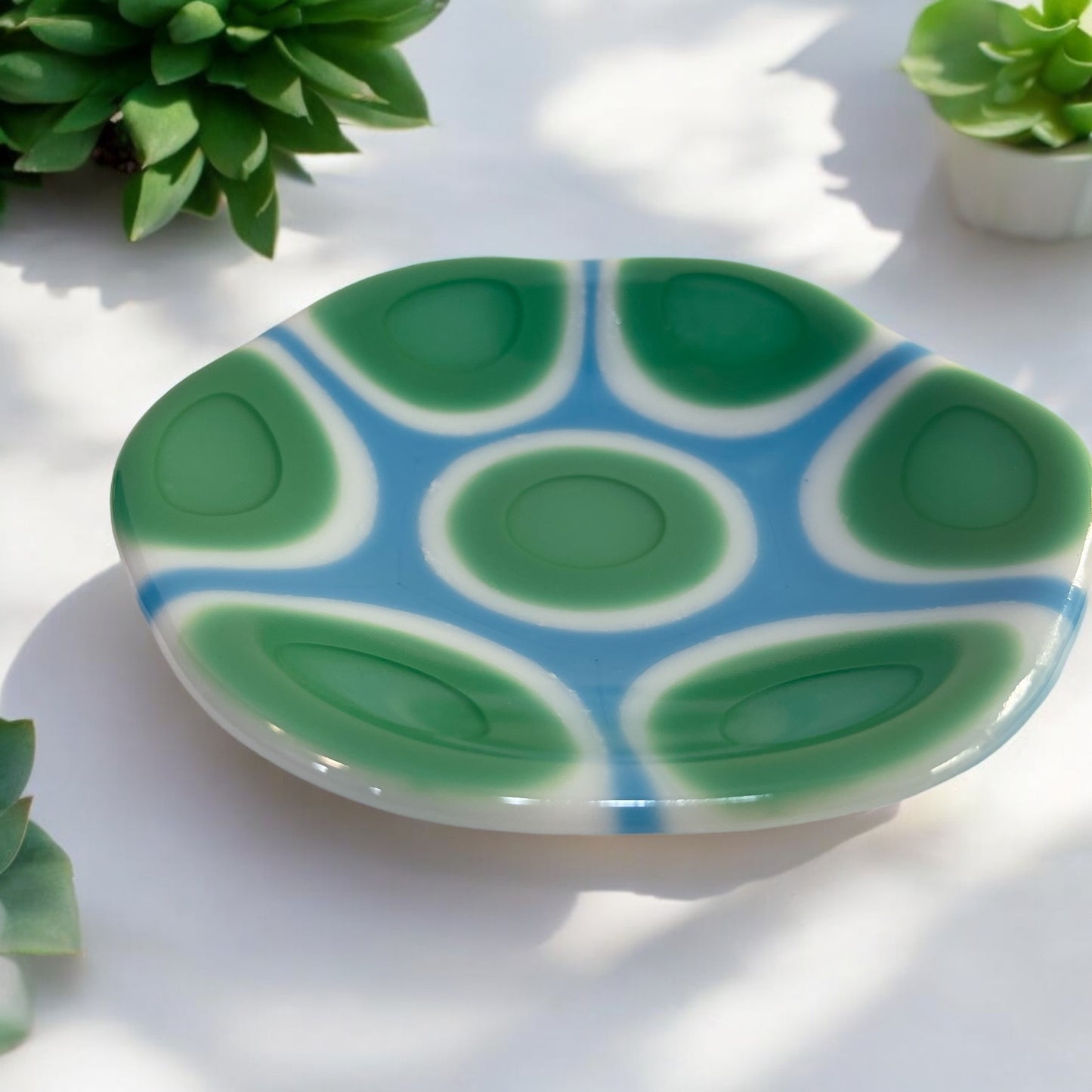 Light Green, Blue, White, Floral Shaped Fused Glass Bowl - Handmade, Summer Bowl, Fruit Bowl