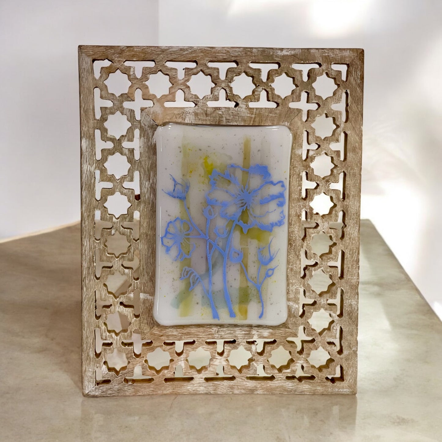 Floral Picture on Watercolor Background Glass Picture - Handmade, Boho Floral Glass Watercolor Picture