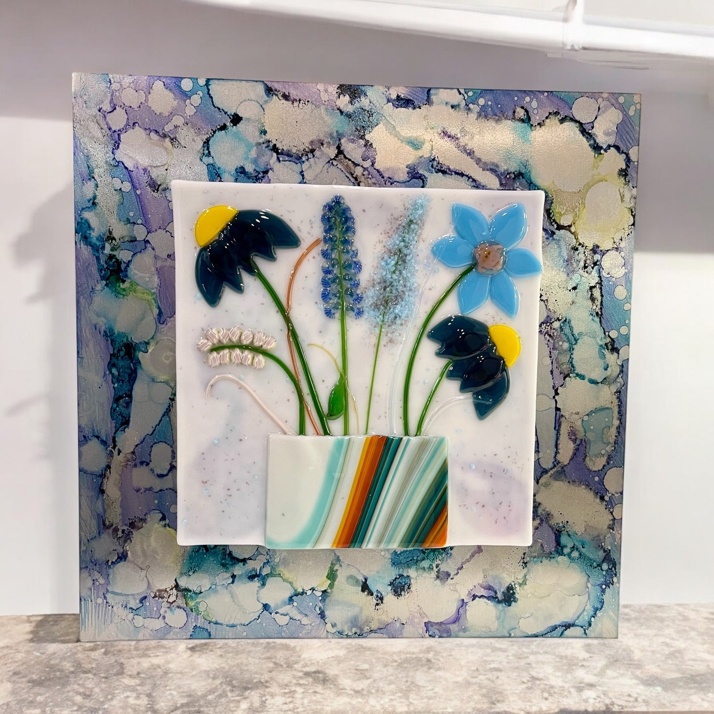 Floral Bouquet of Blue Flowers made out of Fused Glass on Aluminum Sheet - Handmade, Boho Floral Glass Picture