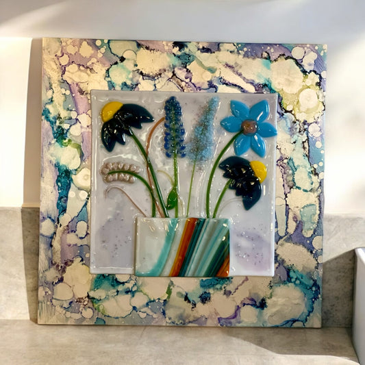 Floral Bouquet of Blue Flowers made out of Fused Glass on Aluminum Sheet - Handmade, Boho Floral Glass Picture