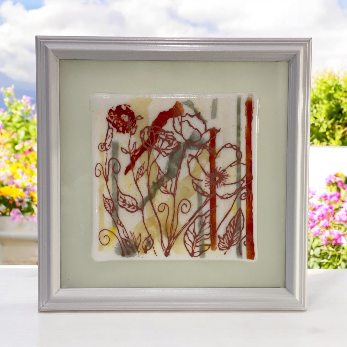 Floral Painted Glass Picture with Watercolor Backgrounds - Handmade, Boho Floral Picture, Watercolor Floral Picture