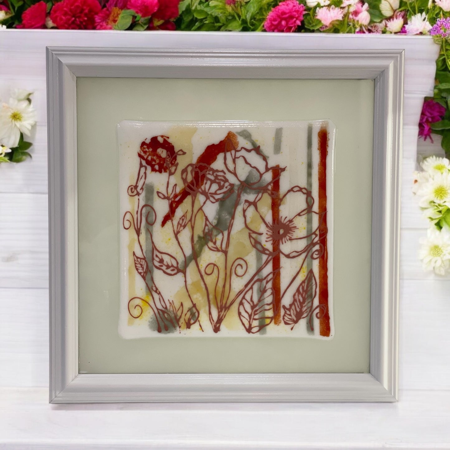 Floral Painted Glass Picture with Watercolor Backgrounds - Handmade, Boho Floral Picture, Watercolor Floral Picture