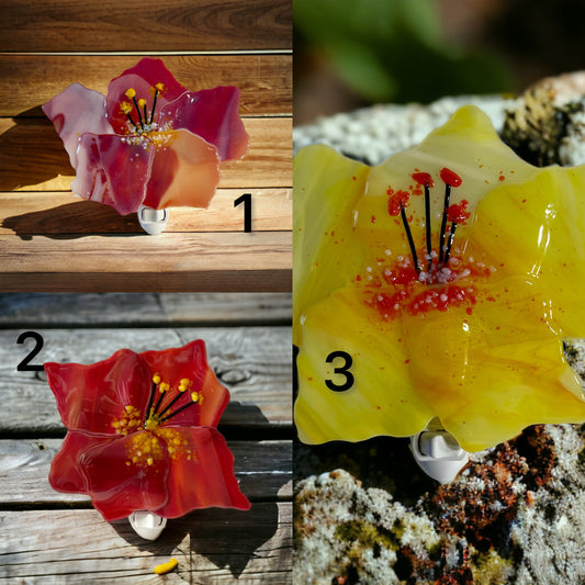 Red/Maroon and Yellow Hibiscus Fused Glass Night Light - Handmade