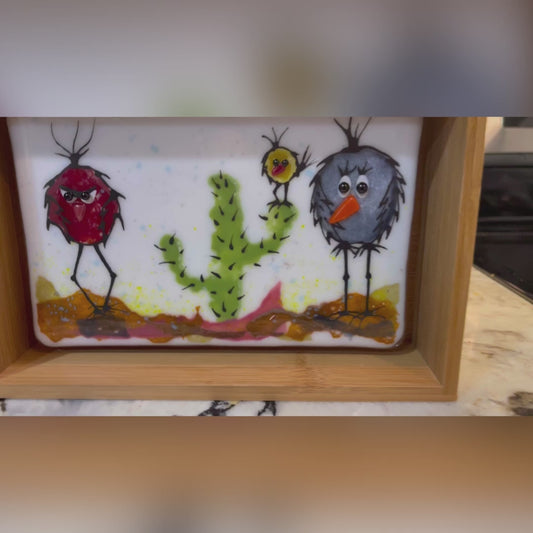 Crazy Birds with Cactus and Desert Scene Fused Glass Picture - Handmade
