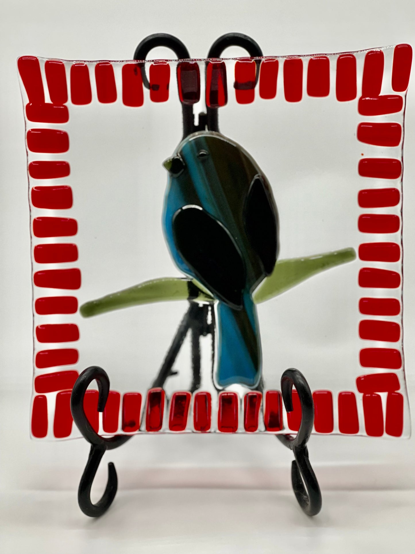 Decorative Blue Bird Fused Glass Plate with Red Accents - Handmade