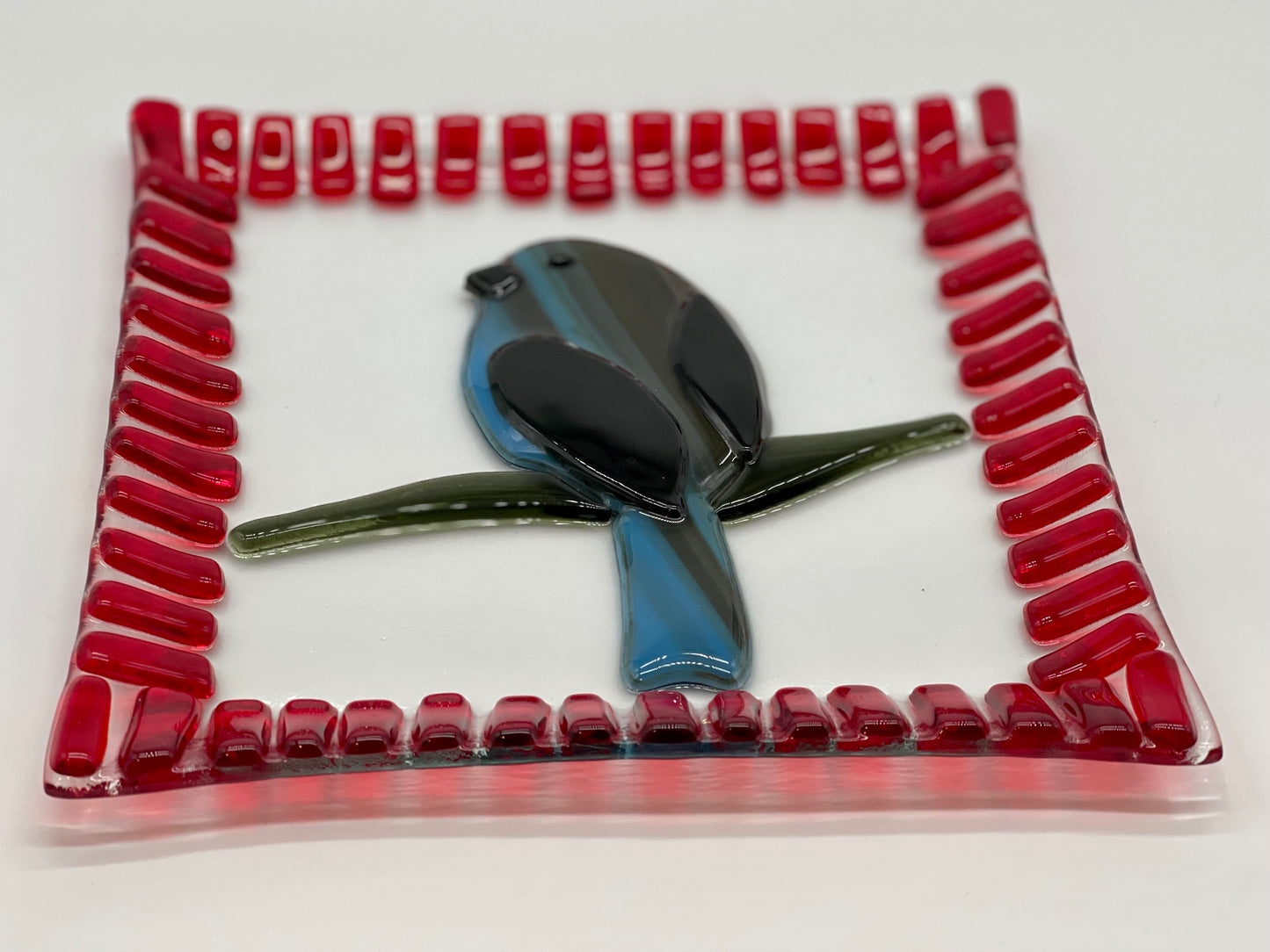 Decorative Blue Bird Fused Glass Plate with Red Accents - Handmade