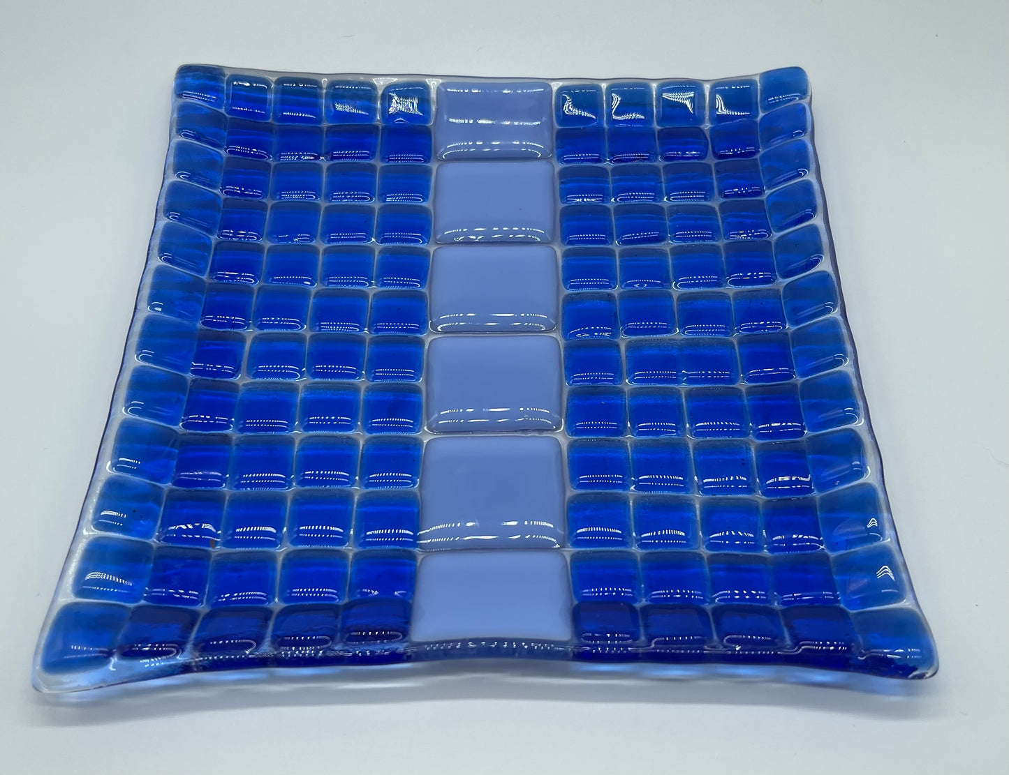 Blue Square Dot Fused Glass Plate - Handmade