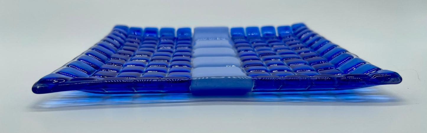 Blue Square Dot Fused Glass Plate - Handmade