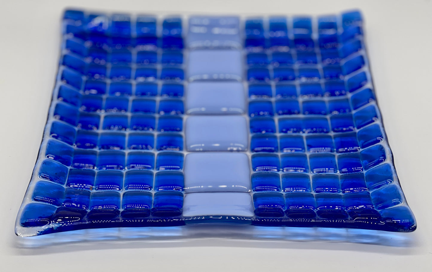 Blue Square Dot Fused Glass Plate - Handmade