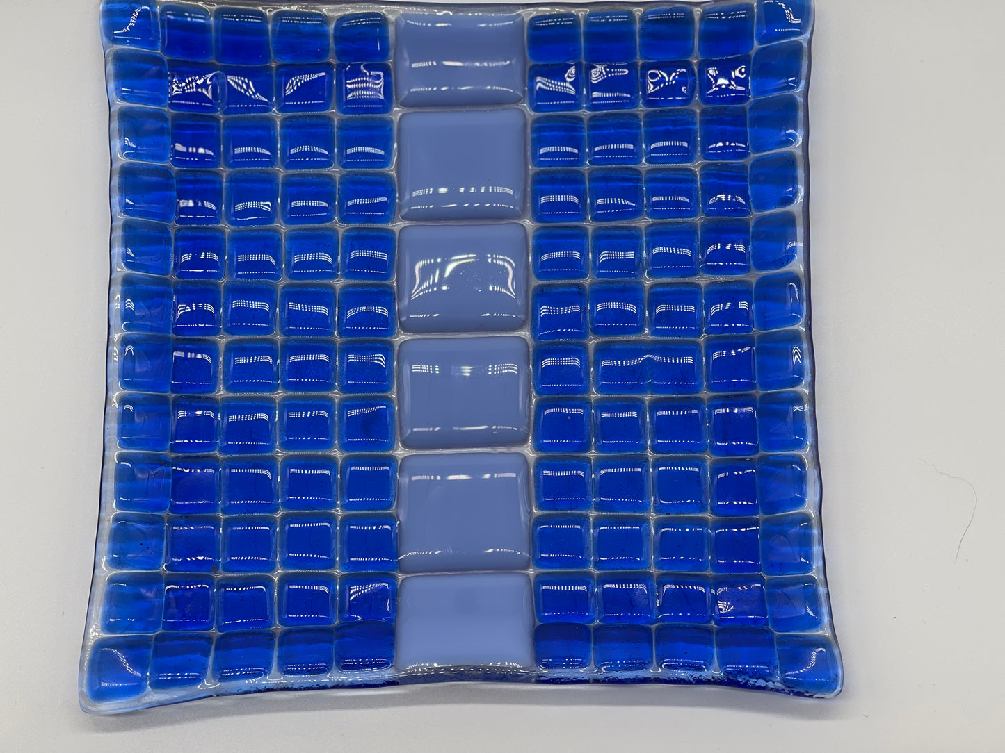 Blue Square Dot Fused Glass Plate - Handmade