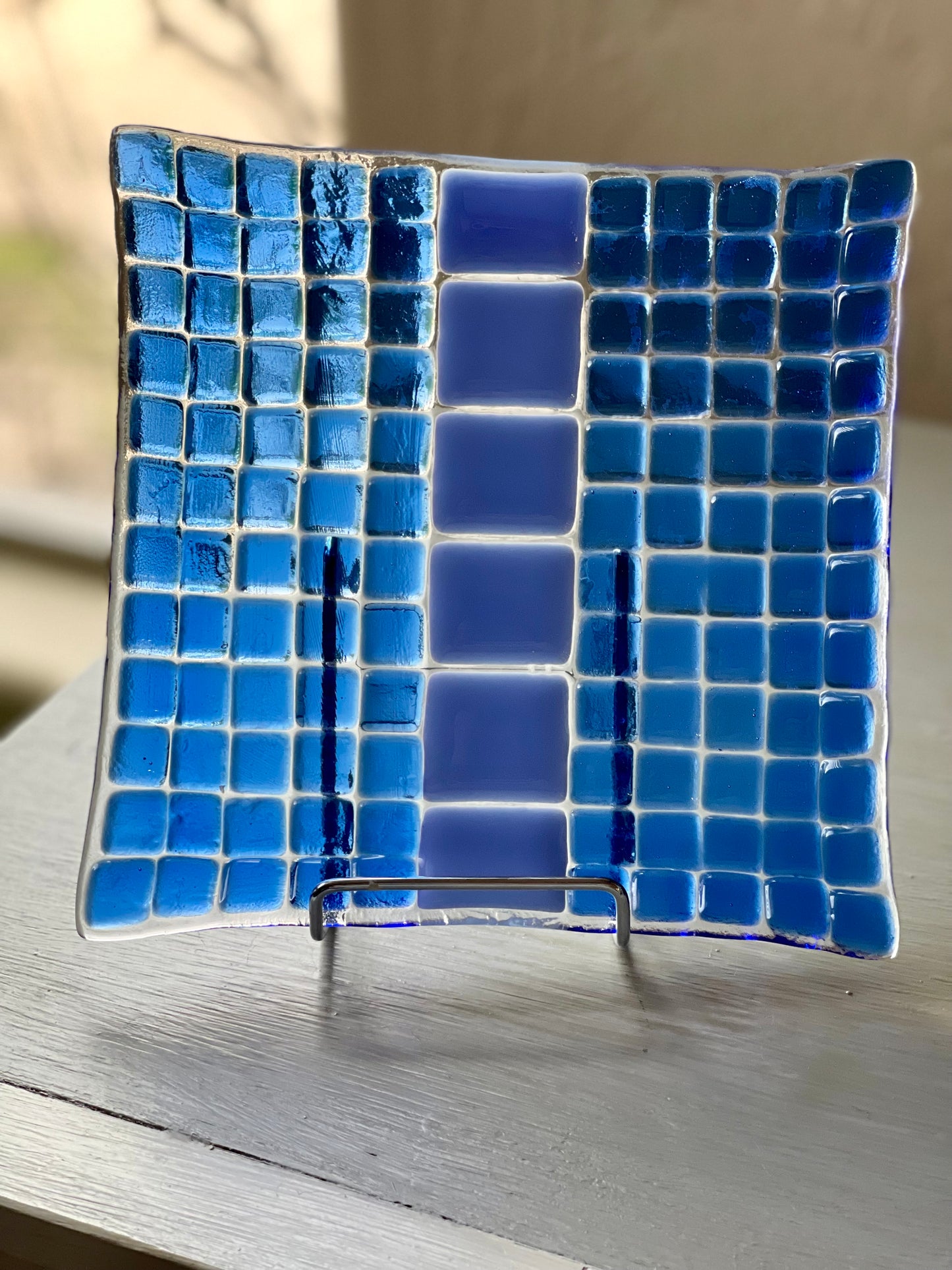 Blue Square Dot Fused Glass Plate - Handmade