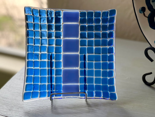 Blue Square Dot Fused Glass Plate - Handmade